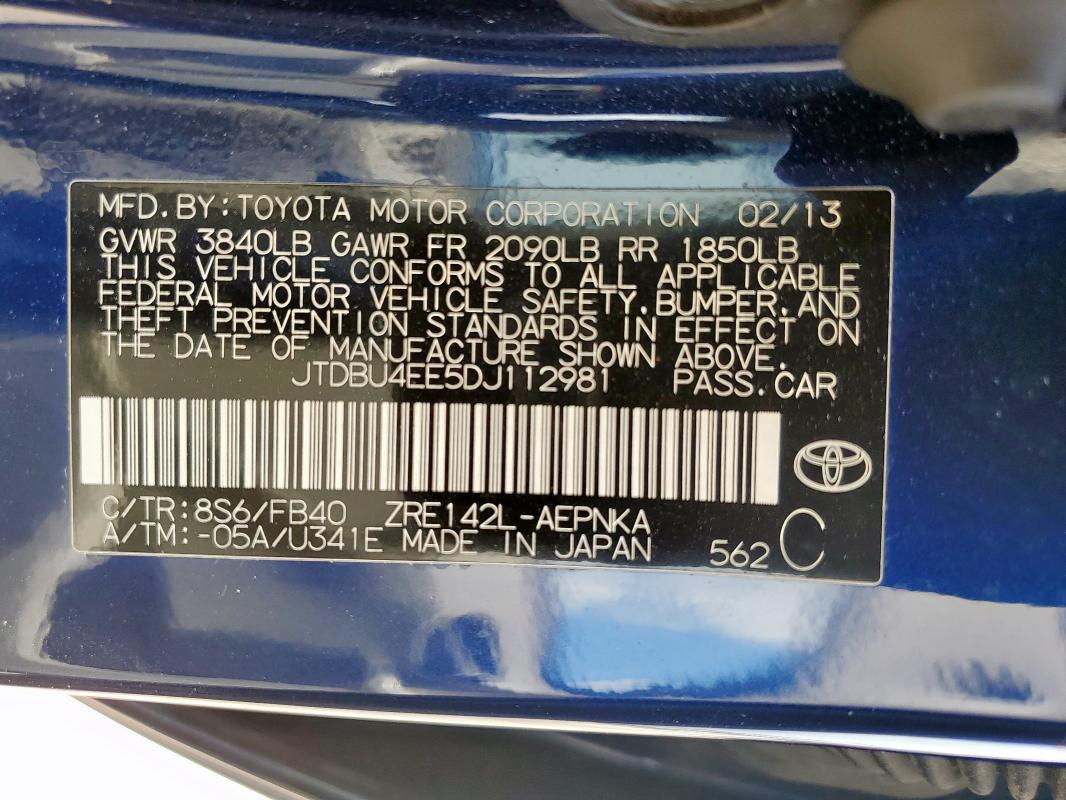 JTDBU4EE5DJ112981 - 2013 TOYOTA COROLLA BASE 蓝色 照片 12