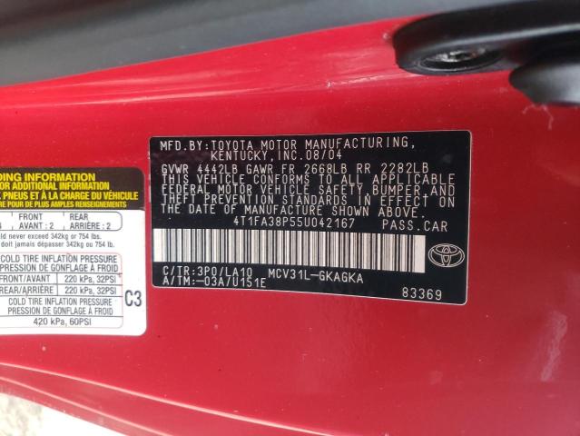 4T1FA38P55U042167 - 2005 TOYOTA CAMRY SOLA SE RED photo 12