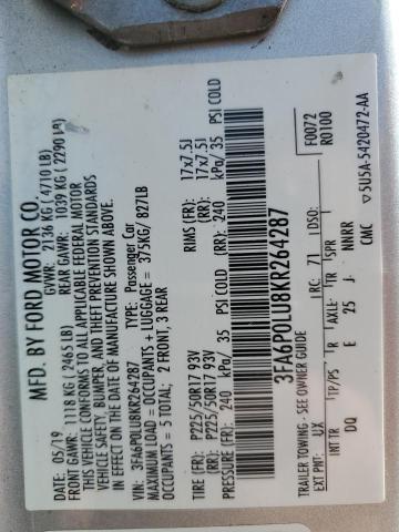 3FA6P0LU8KR264287 - 2019 FORD FUSION SE ვერცხლისფერი ფოტო 12