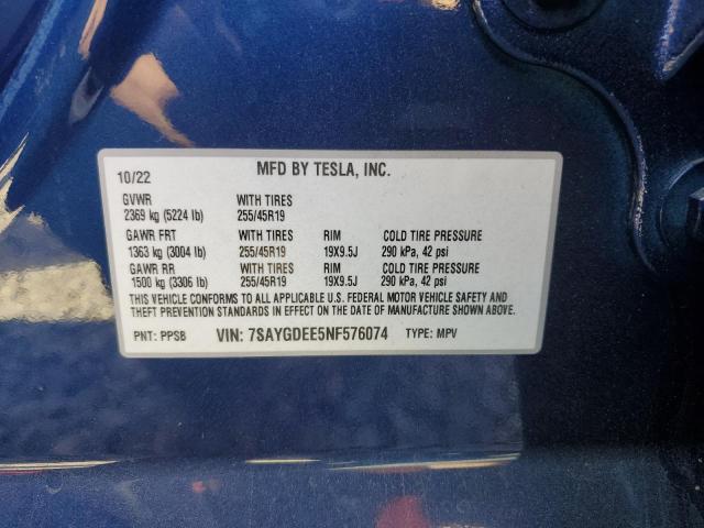 7SAYGDEE5NF576074 - 2022 TESLA MODEL Y Көк фото 13