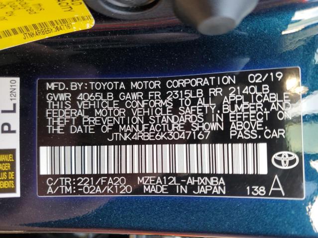 JTNK4RBE6K3047167 - 2019 TOYOTA COROLLA SE BLUE photo 12