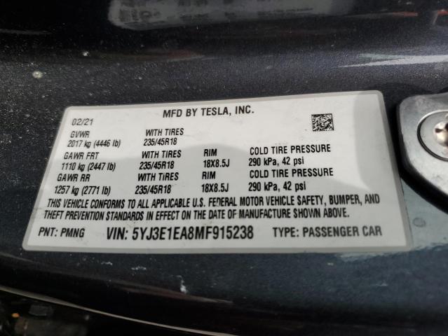 5YJ3E1EA8MF915238 - 2021 TESLA MODEL 3 蓝色 照片 12
