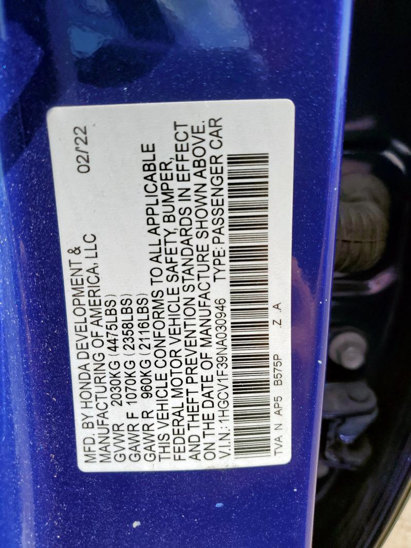 1HGCV1F39NA030946 - 2022 HONDA ACCORD SPORT ლურჯი ფოტო 13