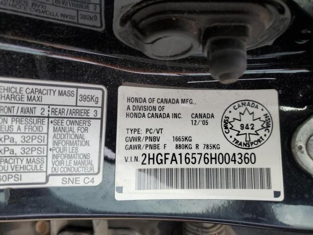 2HGFA16576H004360 - 2006 HONDA CIVIC LX BLACK photo 13