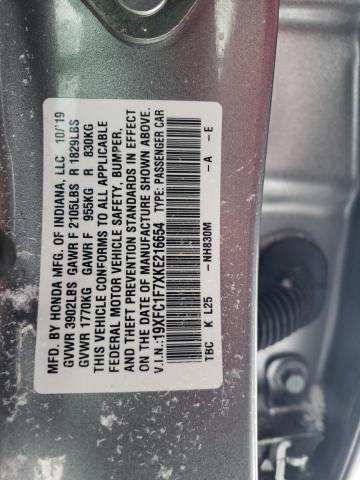 19XFC1F7XKE216654 - 2019 HONDA CIVIC EXL SILVER photo 12