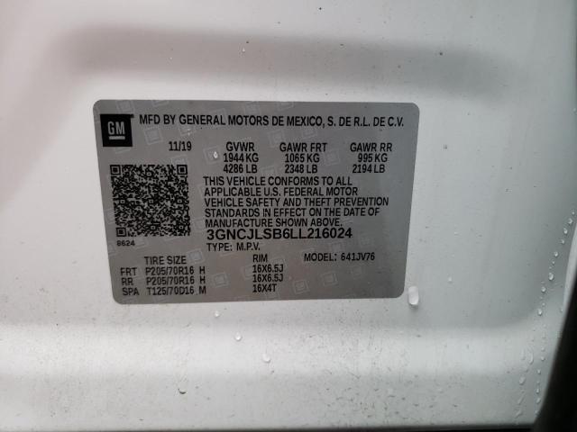 3GNCJLSB6LL216024 - 2020 CHEVROLET TRAX 1LT WHITE photo 13