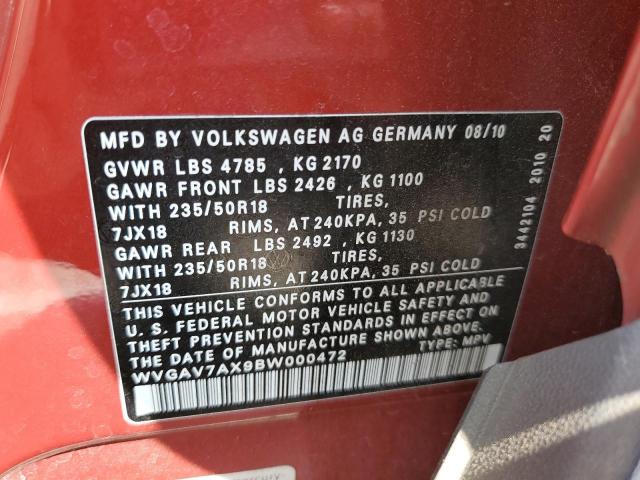 WVGAV7AX9BW000472 - 2011 VOLKSWAGEN TIGUAN S ბურგუნდია ფოტო 13