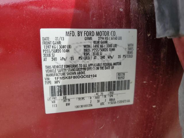 1FM5K8F80DGC02194 - 2013 FORD EXPLORER LIMITED Czerwony zdjęcie 13