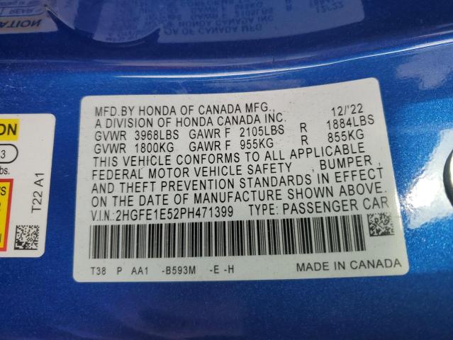 2HGFE1E52PH471399 - 2023 HONDA CIVIC SI BLUE photo 12