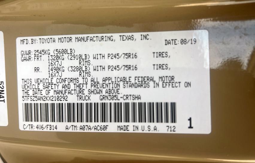 5TFSZ5AN2KX210292 - 2019 TOYT TACOMA ACCESS CAB თაფლისფერი ფოტო 10