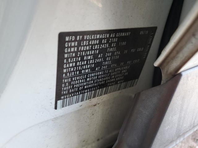 WVGAV7AX7FW613437 - 2015 VOLKSWAGEN TIGUAN S WHITE photo 13