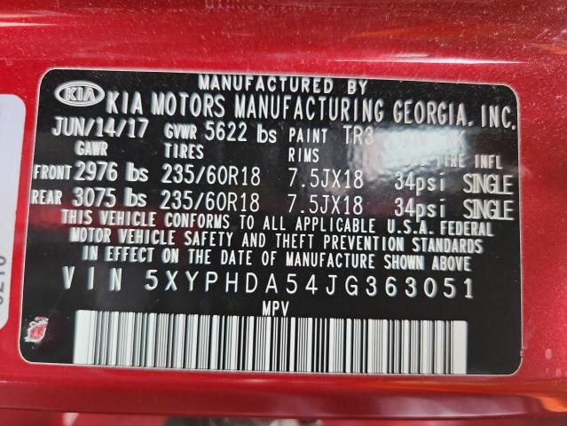 5XYPHDA54JG363051 - 2018 KIA SORENTO EX Tünd qırmızı foto 13