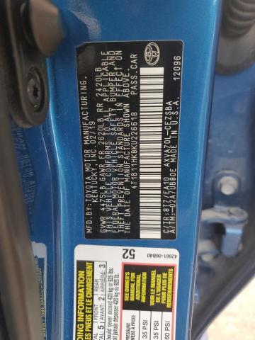 4T1B11HK8KU226618 - 2019 TOYOTA CAMRY L BLUE photo 12