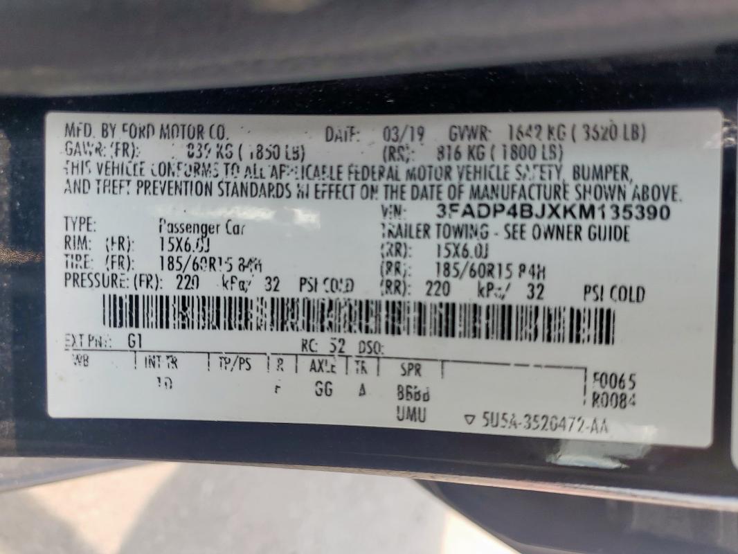 3FADP4BJXKM135390 - 2019 FORD FIESTA SE BLACK photo 12