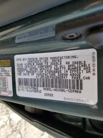 4T1BE32K94U266847 - 2004 TOYOTA CAMRY LE GREEN photo 12