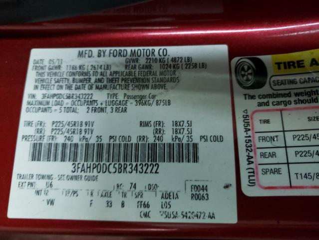 3FAHP0DC5BR343222 - 2011 FORD FUSION SPO RED photo 13