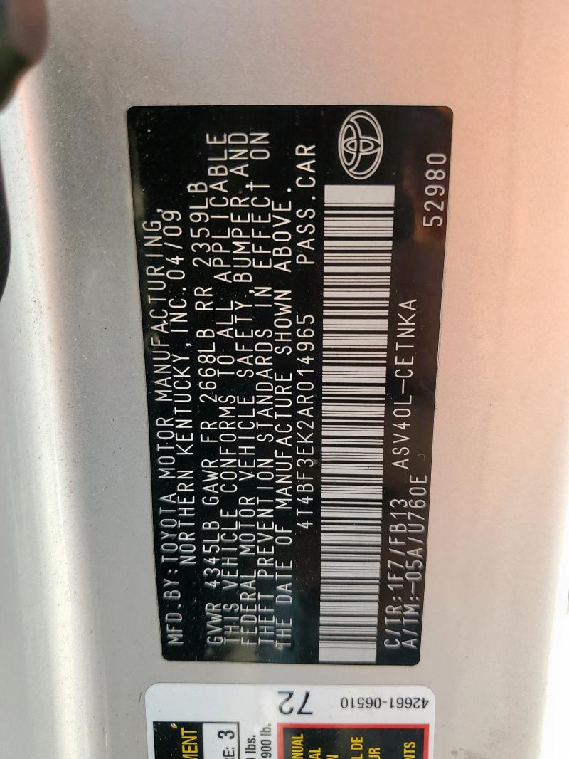 4T4BF3EK2AR014965 - 2010 TOYOTA CAMRY BASE SILVER photo 12