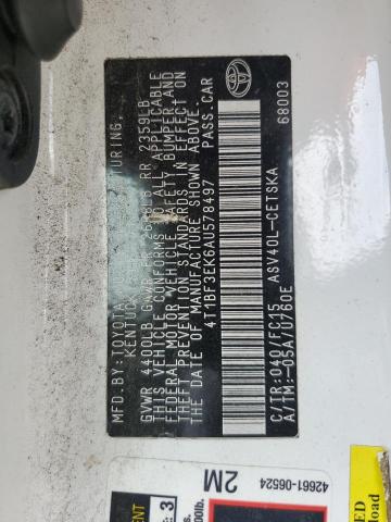 4T1BF3EK6AU578497 - 2010 TOYOTA CAMRY BASE WHITE photo 12