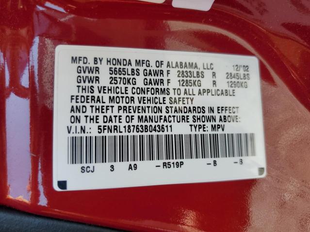 5FNRL18763B043611 - 2003 HONDA ODYSSEY EXL RED photo 13