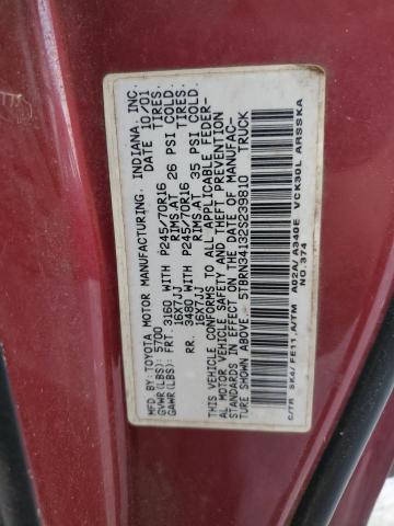 5TBRN34132S239810 - 2002 TOYOTA TUNDRA ACCESS CAB SR5 RED photo 12