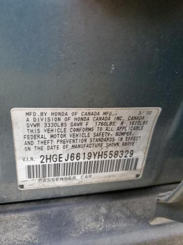 2HGEJ6619YH558329 - 2000 HONDA CIVIC BASE TURQUOISE photo 12