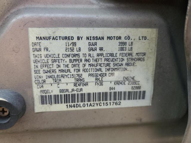 1N4DL01A2YC151762 - 2000 NISSAN ALTIMA XE BEIGE photo 12