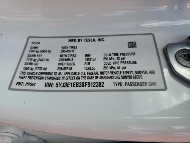 5YJ3E1EB3SF912382 - 2025 TESLA MODEL 3 თეთრი ფოტო 12