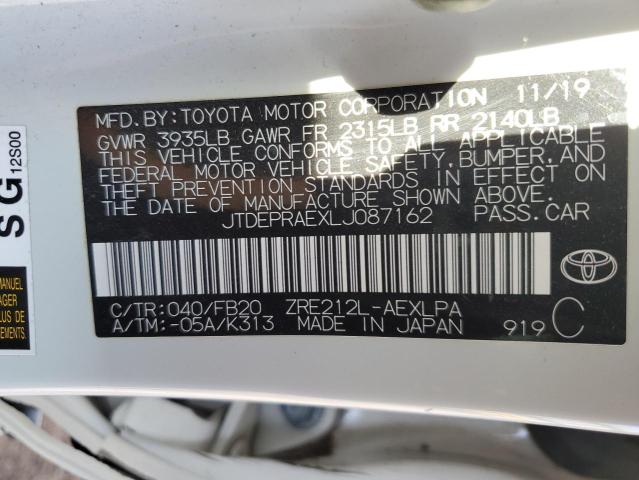 JTDEPRAEXLJ087162 - 2020 TOYOTA COROLLA LE WHITE photo 12