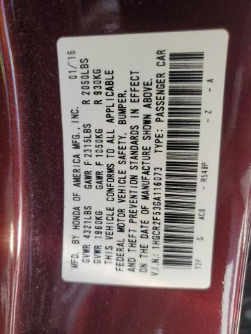 1HGCR2F53GA116073 - 2016 HONDA ACCORD SPORT BURGUNDY photo 12