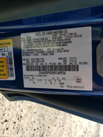 3FA6P0PUXHR160936 - 2017 FORD FUSION SE PHEV BLUE photo 12