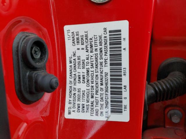 2HGFC1F36GH632792 - 2016 HONDA CIVIC EX RED photo 12