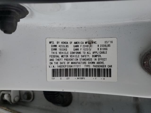 1HGCR2F30GA177377 - 2016 HONDA ACCORD LX WHITE photo 12
