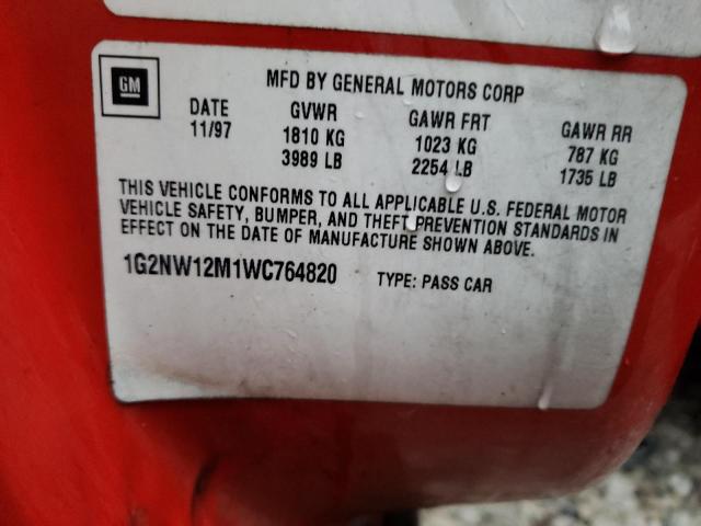 1G2NW12M1WC764820 - 1998 PONTIAC GRAND AM GT RED photo 12