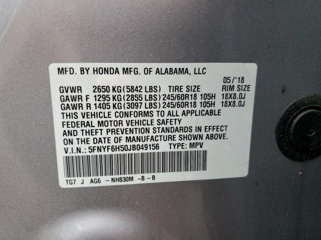 5FNYF6H50JB049156 - 2018 HONDA PILOT EXL SILVER photo 13