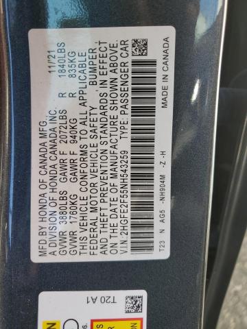 2HGFE2F55NH543259 - 2022 HONDA CIVIC SPORT Boz foto 12