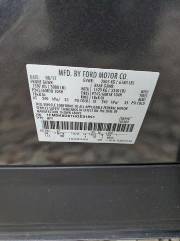 1FM5K8D87HGE01851 - 2017 FORD EXPLORER XLT ნაცრისფერი ფოტო 13