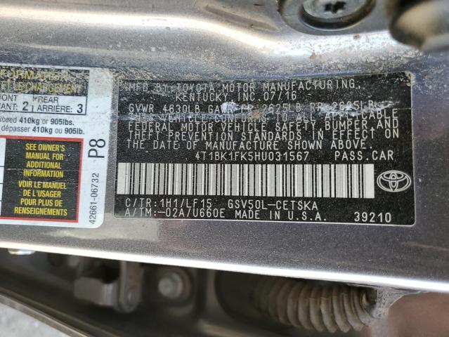 4T1BK1FK5HU031567 - 2017 TOYOTA CAMRY XSE GRAY photo 12