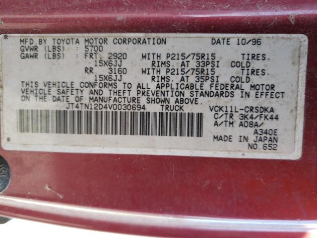 JT4TN12D4V0030694 - 1997 TOYOTA T100 XTRACAB RED photo 12