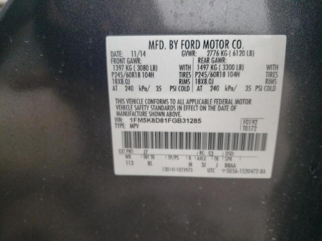 1FM5K8D81FGB31285 - 2015 FORD EXPLORER XLT GRAY photo 14