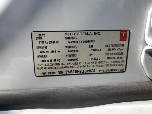 5YJSA1E42LF379600 - 2020 TESLA MODEL S WHITE photo 13
