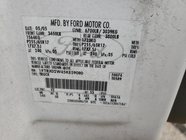 1FTRX02W45KE59080 - 2005 FORD F150 WHITE photo 10