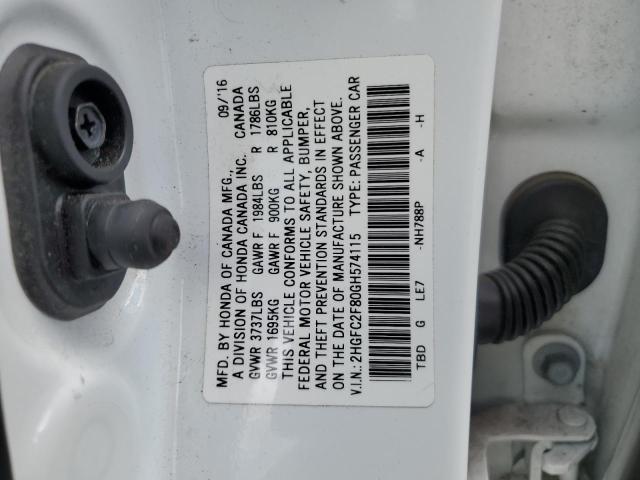 2HGFC2F80GH574115 - 2016 HONDA CIVIC EX WHITE photo 12