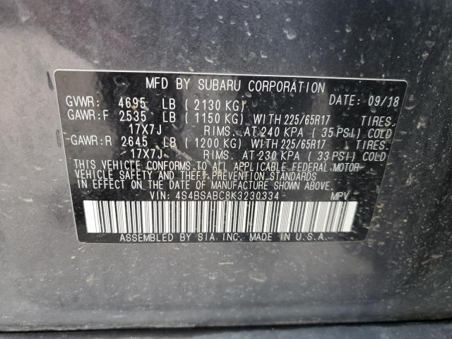 4S4BSABC8K3230334 - 2019 SUBARU OUTBACK 2.5I CHARCOAL photo 13