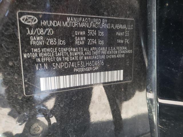 5NPD74LF3LH604816 - 2020 HYUNDAI ELANTRA SE BLACK photo 10