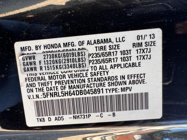 5FNRL5H64DB045891 - 2013 HONDA ODYSSEY EXL BLACK photo 10