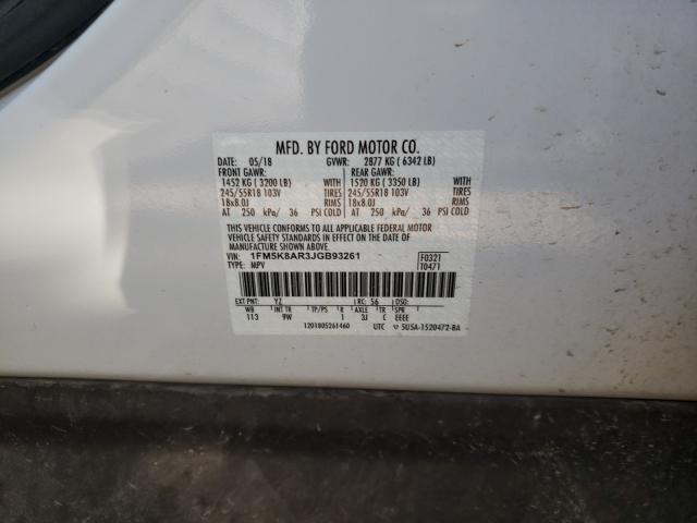 1FM5K8AR3JGB93261 - 2018 FORD EXPLORER POLICE INTERCEPTOR WHITE photo 10