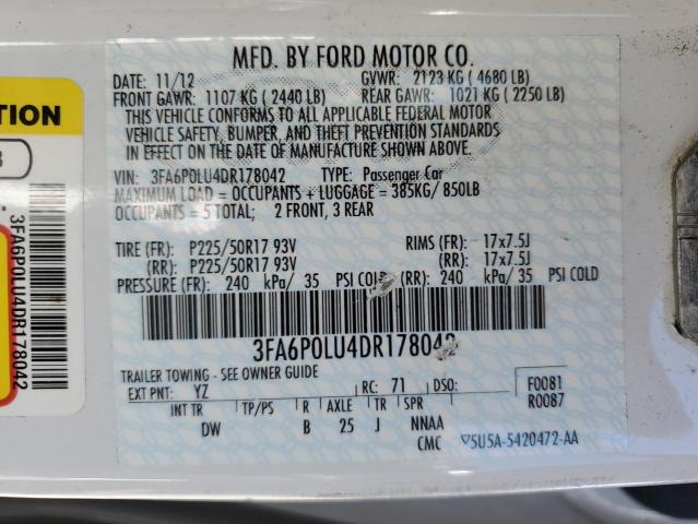 3FA6P0LU4DR178042 - 2013 FORD FUSION SE HYBRID WHITE photo 12