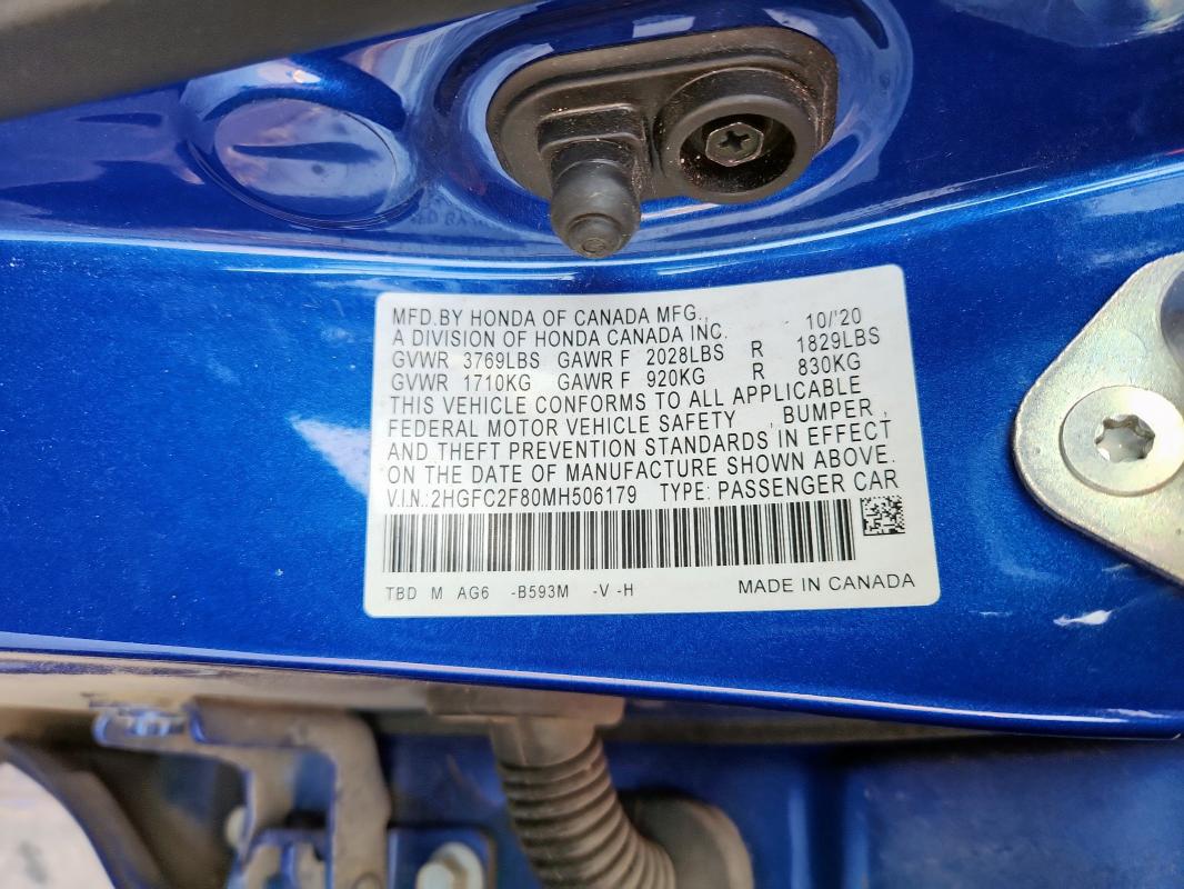 2HGFC2F80MH506179 - 2021 HONDA CIVIC SPORT Mavi foto 13