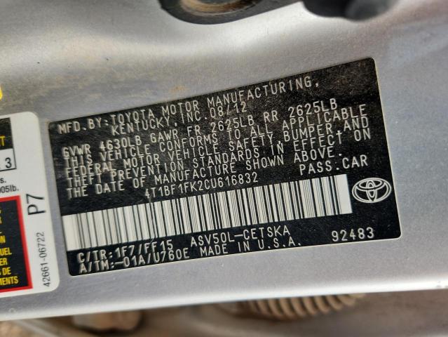4T1BF1FK2CU616832 - 2012 TOYOTA CAMRY BASE SILVER photo 12
