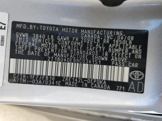 2T1BU40E99C034151 - 2009 TOYOTA COROLLA BASE SILVER photo 12